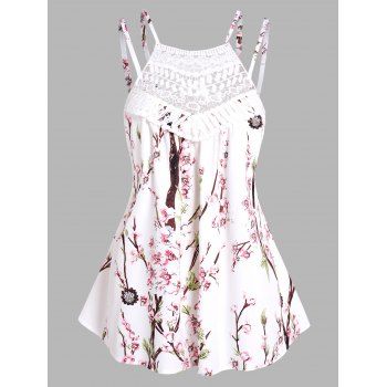 

Peach Flower Print Cottagecore Tank Top See Thru Guipure Lace Panel Spaghetti Strap Tank Top, White