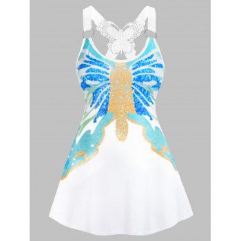 

Butterfly Print Tank Top Lace Insert O Ring Casual Long Tank Top, White