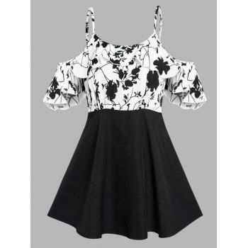 

Leaf Print Colorblock Cold Shoulder Long Top Flounce Spaghetti Strap Combo Top, Black