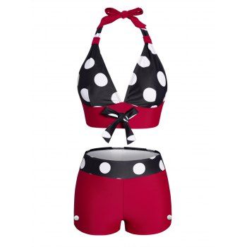 Polka Dots Print Bikini Swimsuit Halter Padded Bowknot Bikini Two Piece Swimwear Boyleg Bathing Suit