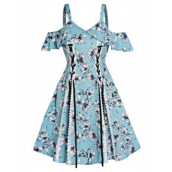 

Plus Size & Curve Vacation Dress Flower Print Cold Shoulder Lace Up Flounce High Waist Dress, Light blue