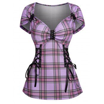 

Plaid Rivet Embellished Sweetheart Neck Lace Up Corset Style T Shirt, Purple