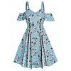 Plus Size & Curve Vacation Dress Flower Print Cold Shoulder Lace Up Flounce High Waist Dress - LIGHT BLUE L