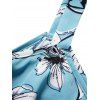 Plus Size & Curve Vacation Dress Flower Print Cold Shoulder Lace Up Flounce High Waist Dress - LIGHT BLUE L
