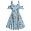 Plus Size & Curve Vacation Dress Flower Print Cold Shoulder Lace Up Flounce High Waist Dress - LIGHT BLUE 1X