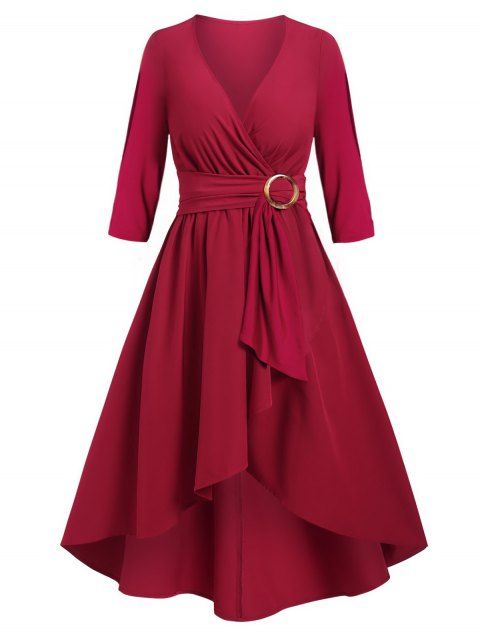 Plus Size & Curve High Low Dress Solid Color Belt Slit Sleeve Midi Dress
