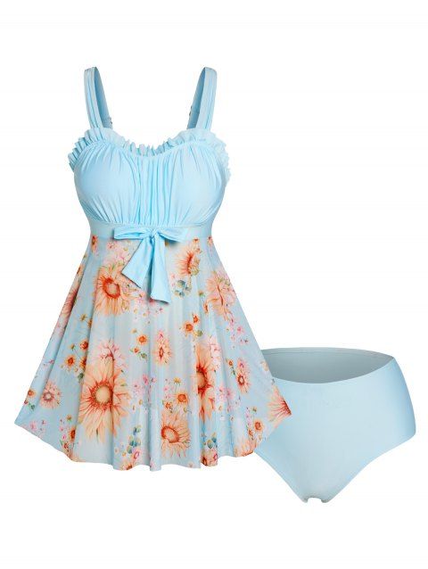 Plus Size Vacation Tankini Swimsuit Sunflower Mesh Bowknot Pastel Color Ruffle Swimsuit