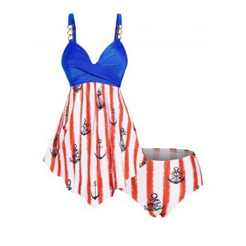 

Modest Tankini Swimsuit Vertical Striped Anchor Print Twisted Swimwear Padded Tummy Control Vacation Bathing Suit, Deep blue