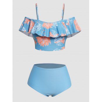 

Vacation Tankini Swimsuit Colored Leaf Print Swimwear Flounce Padded Beach Bathing Suit, Blue