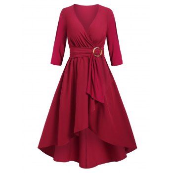 

Plus Size & Curve High Low Dress Solid Color Belt Slit Sleeve Midi Dress, Deep red