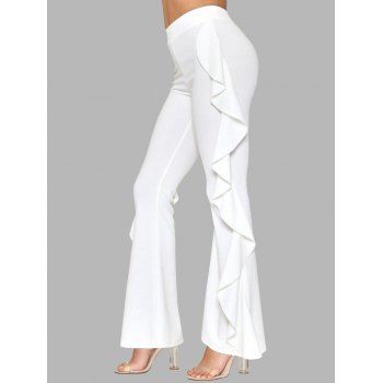 

Draped Ruffles Flare Pants Solid Color Elastic Waist Long Casual Pants, White