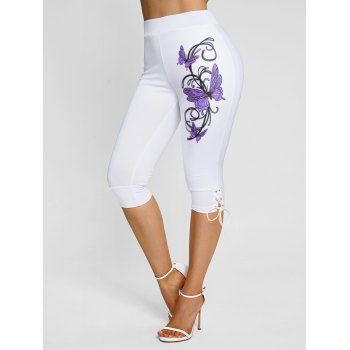 

Butterfly Print Capri Leggings Lace Up Casual Cropped Leggings, White