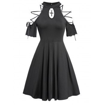 

Gothic Dress Lattice Strap Cut Out Cold Shoulder Plain Color High Waisted A Line Mini Dress, Black