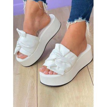 

Solid Color PU Bowknot Slip On Platform Slippers, White