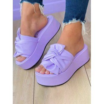 

Solid Color PU Bowknot Slip On Platform Slippers, Purple