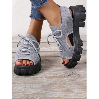 

Hollow Out Lace Up Thick Platform Knitted Outdoor Casual Sandals, Gray