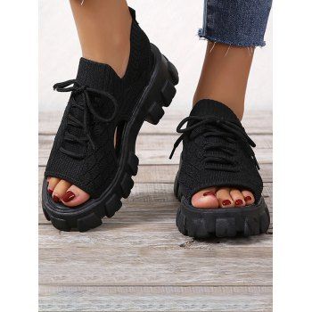 

Hollow Out Lace Up Thick Platform Knitted Outdoor Casual Sandals, Black