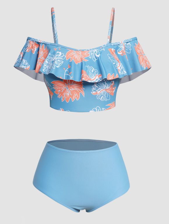 Ensemble de Bikini de Bain Tankini de Plage Rembourré à Imprimé Feuille Coloré à Volants de Vacance - Bleu L