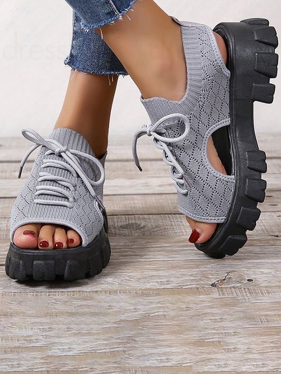 Hollow Out Lace Up Thick Platform Knitted Outdoor Casual Sandals - Gris EU 43