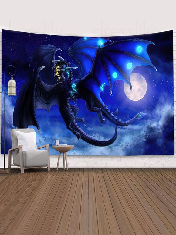 Tapisserie Murale Décorative Motif Dragon dans la Nuit de Pleine Lune Décor Maison - Bleu 95 CM X 73 CM