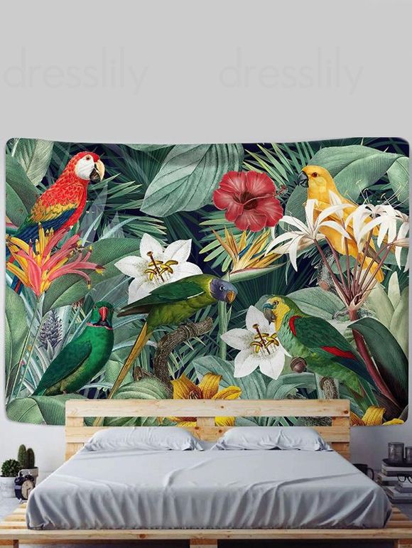 Tapisserie Murale à Imprimé Perroquets Fleurs et Feuilles Tropicales Décor Maison - Vert profond 95 CM X 73 CM