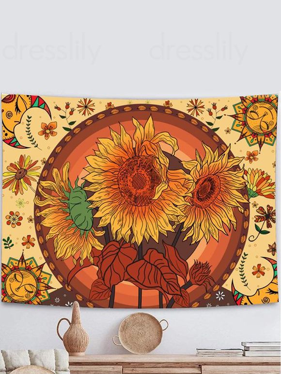 Tapisserie Murale Décorative Motif Tournesols Feuilles et Lune - multicolor 150 CM X 130 CM