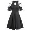 Gothic Dress Lattice Strap Cut Out Cold Shoulder Plain Color High Waisted A Line Mini Dress - BLACK XXL