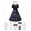 Plus Size Dress Sun Moon Star Planet Print Bowknot Belted Crossover Back High Waisted A Line Midi Dress - DEEP BLUE 5X
