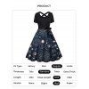 Plus Size Dress Sun Moon Star Planet Print Bowknot Belted Crossover Back High Waisted A Line Midi Dress - DEEP BLUE 1X