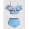 Ensemble de Bikini de Bain Tankini de Plage Rembourré à Imprimé Feuille Coloré à Volants de Vacance - Bleu L