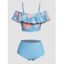 Ensemble de Bikini de Bain Tankini de Plage Rembourré à Imprimé Feuille Coloré à Volants de Vacance - Bleu L