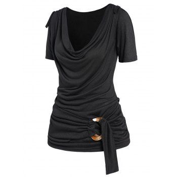 

Draped T Shirt O Ring Plain Color Cowl Neck Cinched Shoulder Casual Tee, Black