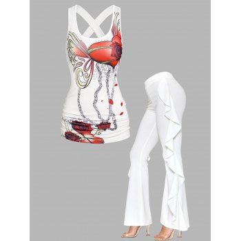 

Flower Heart Butterfly Print Crossover Ruched Tank Top And Draped Ruffles Flare Pants Casual Outfit, White