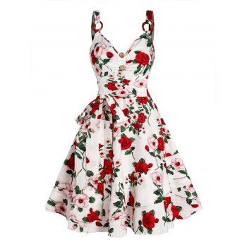 

Vacation Dress Flower Leaf Print Dress Belted Ruched Mock Button Empire Waist A Line Mini Dress, White