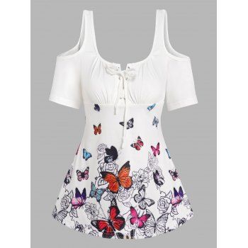 

Flower Colored Butterfly Print T Shirt Lace Up Cold Shoulder Casual Tee, White