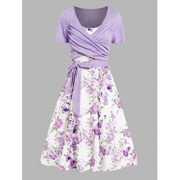 

Floral Butterfly Print A Line Vacation Sundress and Bowknot Surplice T Shirt Two Piece Summer Set, Light purple