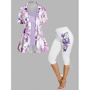 

Butterfly Flower Print Lattice Strap Faux Twinset T Shirt And Lace Up Cropped Leggings Casual Outfit, Multicolor