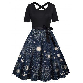 

Plus Size Dress Sun Moon Star Planet Print Bowknot Belted Crossover Back High Waisted A Line Midi Dress, Deep blue