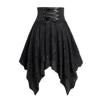 

Lace Skirt Gothic Lace Up Zipper Fly Asymmetrical Hem Midi Skirt, Black