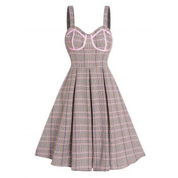 

Plaid Dress Contrasting Piping Sleeveless Pleated A Line Dress, Coffee
