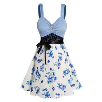 

Plus Size Dress Colorblock Flower Print Ruched Lace Panel Empire Waist Belted A Line Mini Dress, Light blue