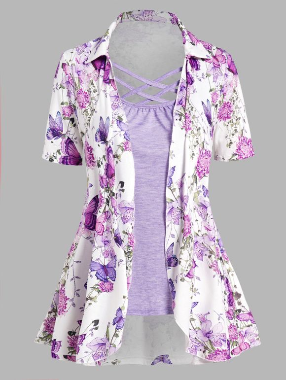 Contrast Colorblock Faux Twinset T Shirt Butterfly Flower Print Lattice Strap Turn Down Collar Twofer Tee - LIGHT PURPLE XL