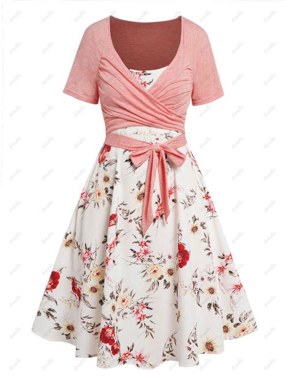 Plus Size Flower Leaf Print A Line Midi Cami Dress And Heather Crossover Tied Cropped Top Two Piece Outfit - LIGHT PINK 5X