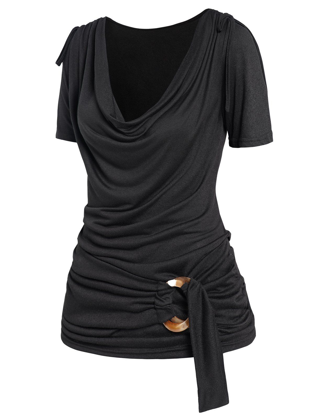 Draped T Shirt O Ring Plain Color Cowl Neck Cinched Shoulder Casual Tee - BLACK S