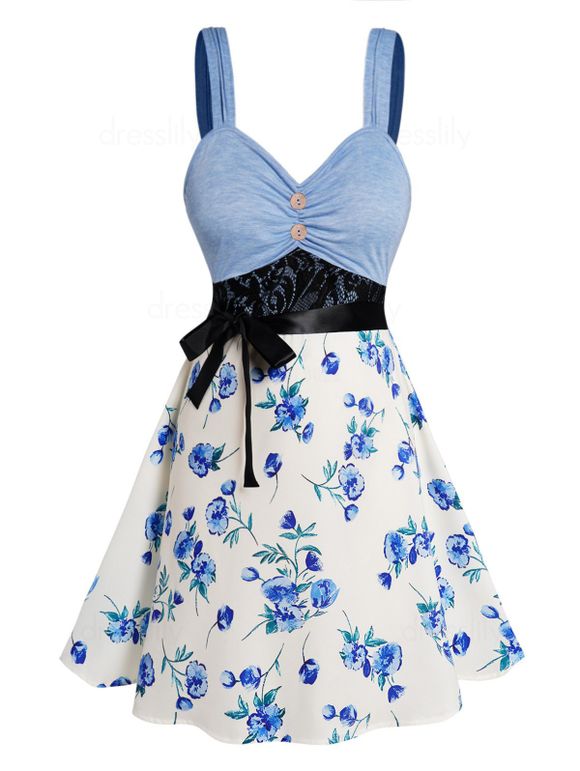 Plus Size Dress Colorblock Flower Print Ruched Lace Panel Empire Waist Belted A Line Mini Dress - LIGHT BLUE 3X