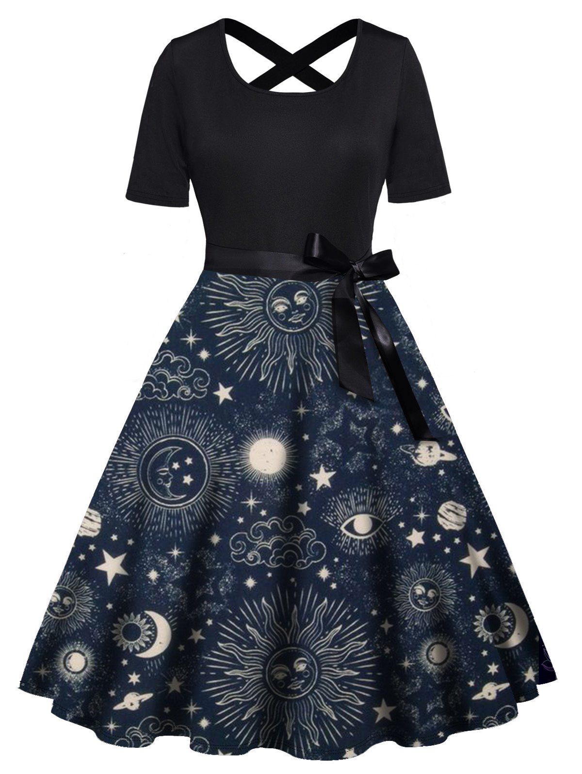 Plus Size Dress Sun Moon Star Planet Print Bowknot Belted Crossover Back High Waisted A Line Midi Dress - DEEP BLUE 1X