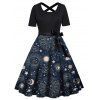 Plus Size Dress Sun Moon Star Planet Print Bowknot Belted Crossover Back High Waisted A Line Midi Dress - DEEP BLUE 2X