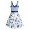 Plus Size Dress Colorblock Flower Print Ruched Lace Panel Empire Waist Belted A Line Mini Dress - LIGHT BLUE 3X