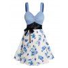 Plus Size Dress Colorblock Flower Print Ruched Lace Panel Empire Waist Belted A Line Mini Dress - LIGHT BLUE 4X