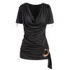 Draped T Shirt O Ring Plain Color Cowl Neck Cinched Shoulder Casual Tee - BLACK M